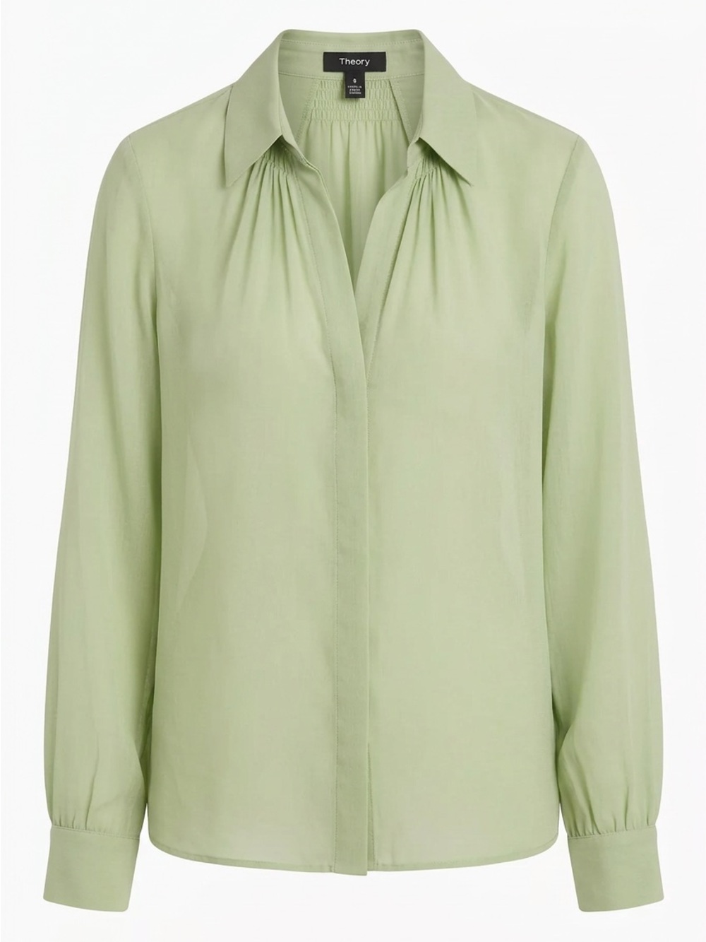 Theory Sage Green Button-Down Blouse with Gathered Neck